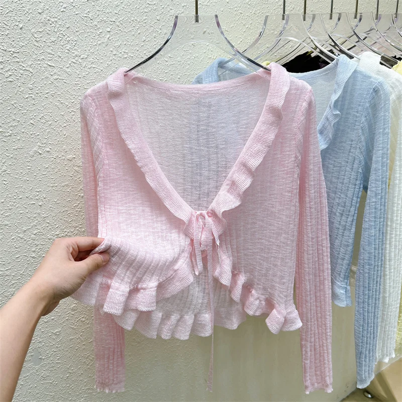 Вязаный кардиган летние женские короткие свитера пальто вязаные тонкие