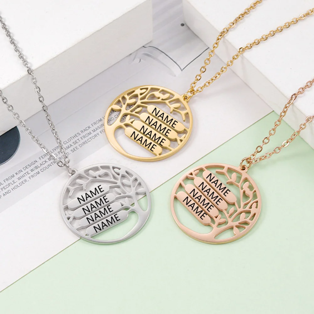

JewelryX Custom Tree Of Life Name Necklace Personality Carved Names Round Pendant Stainless Steel Family Jewelry Birthday Gift