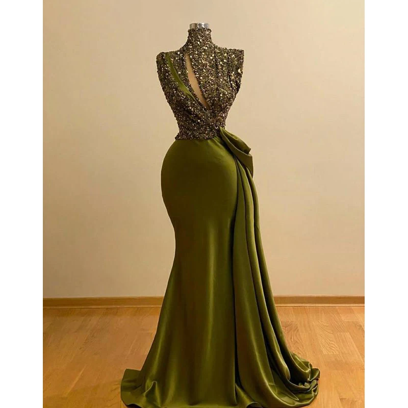 

Винтажное платье для выпускного вечера с зелеными кристаллами и бусинами, вечернее платье-русалка, официальное праздничное платье в пол из Саудовской Аравии