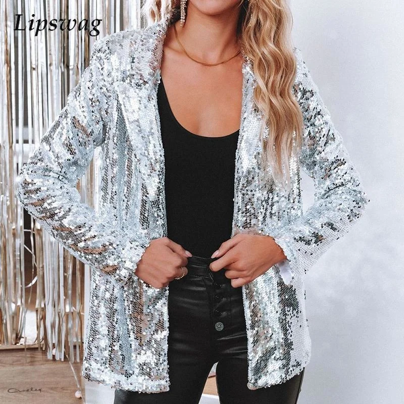 

Women Winter Elegant Glitter Sequin Shiny Party Jacket Autumn Fashion Turn-down Collar Tops Ladies Casual Long Sleeve Cardigan