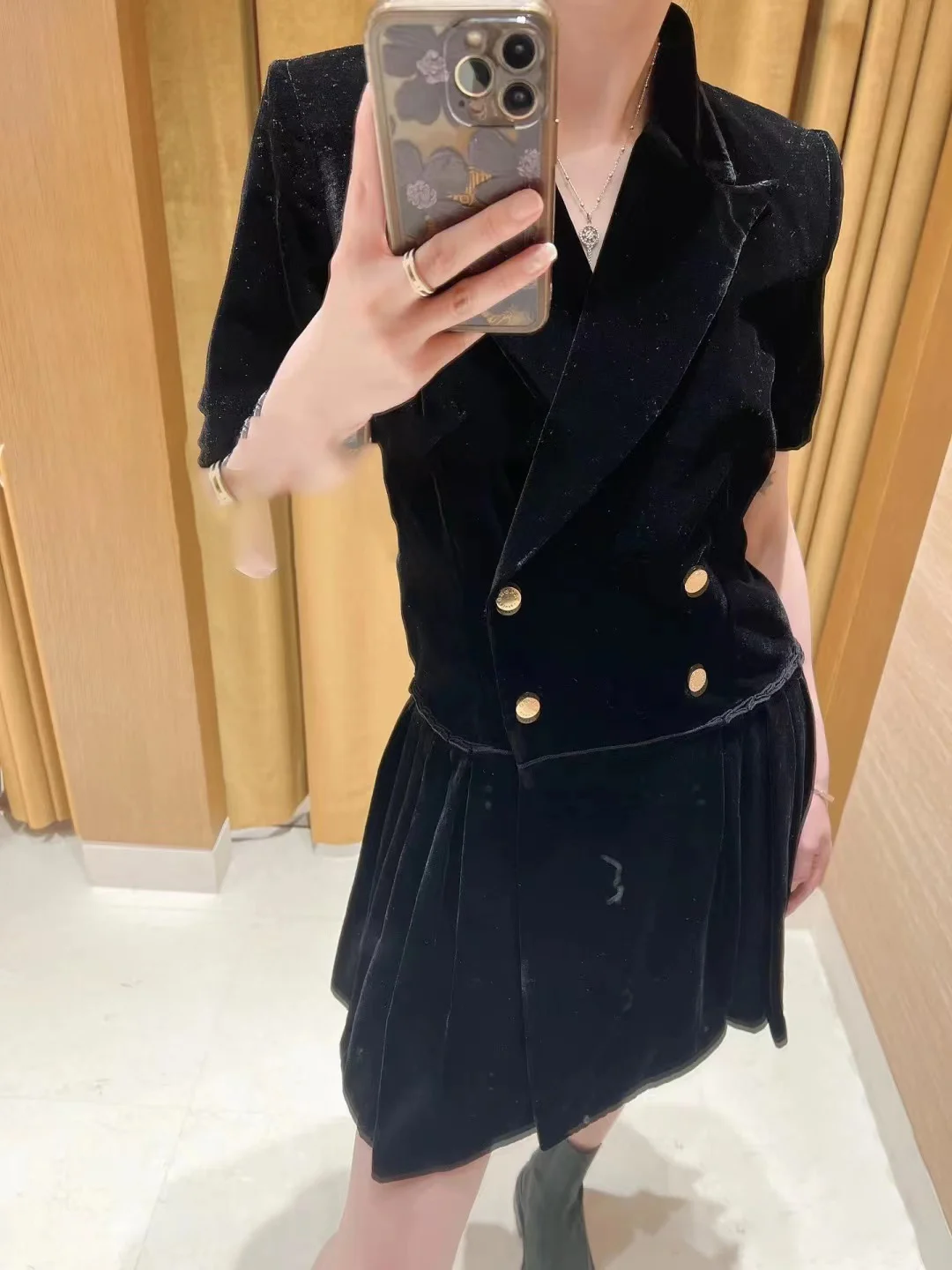 

Women Notched Silk Velvet Double Breasted Pleated Hem Mini Dress
