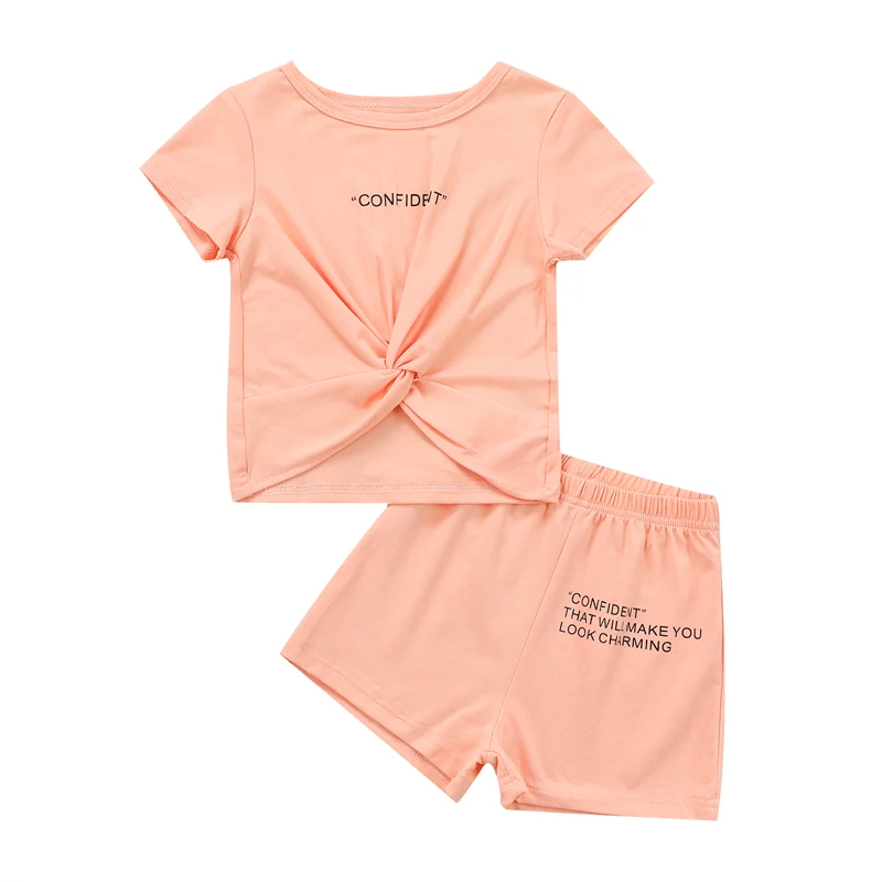 

Toddler Girls 2Pcs Summer Outfits, Short Sleeve Twist Knot Letter Print T-Shirts + Shorts Set For Toddler Newborn Babies