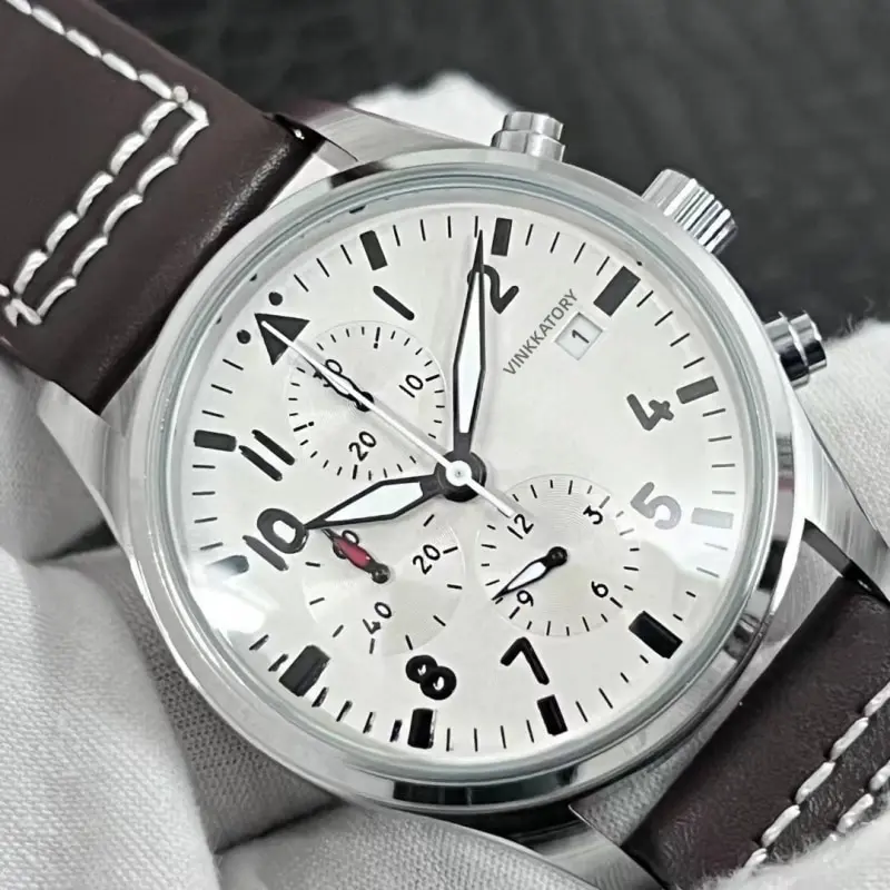 

2023 Top Original Luxury Brand Pilot Chronograph Silver Case Mens Belt 41mm Multifunctional Quartz Chronograph Movement Watch