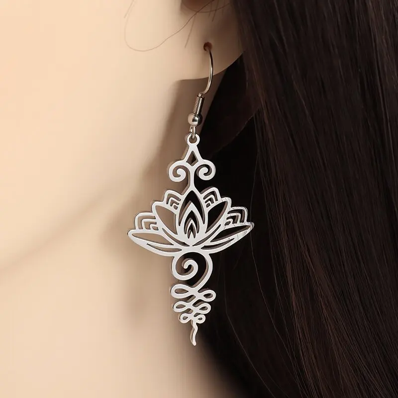 

Gothic Vintage Lotus Pattern Stainless Steel Women's Earrings Witchcraft Plant Yoga Lotus Pendant Earrings Jewelry Women New