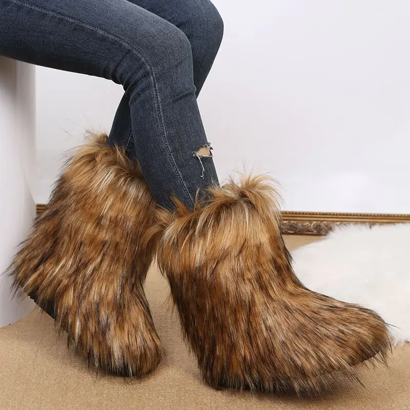 Women Snow Boots Outdoor Winter Luxury Furry Faux Fur Boots Ladies Plush Boots Long Warm Fur Boots Fashion Shoes Big Size