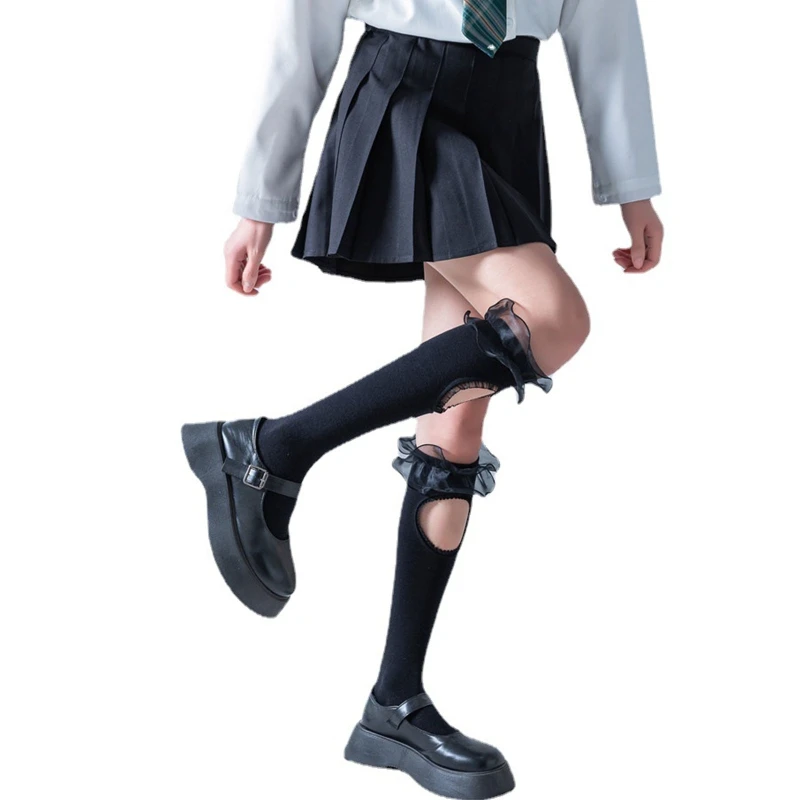 

Women Girls Cotton Black Knee High Socks Personality Gothic Lolita Sweet Ruffled Lace Trim Splicing Hollow Out Hole Student Calf