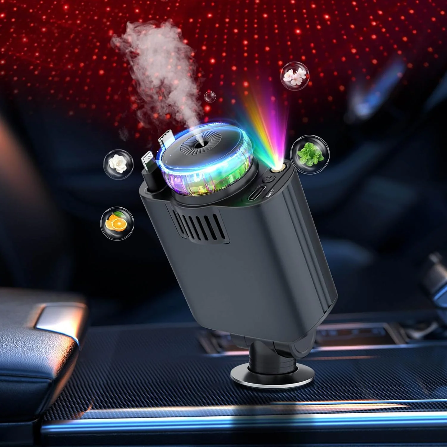 

Автомобильное зарядное устройство 5-в-1 Starlight на крыше: быстрая зарядка PD/USB-C мощностью 45 Вт + выдвижной кабель + диффузор для ароматерапии