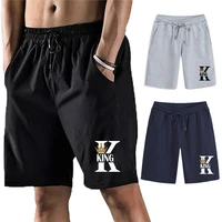 tuveke summer mens king logo print pants drawstring seaside beach sports jogging solid color loose casual five point pants