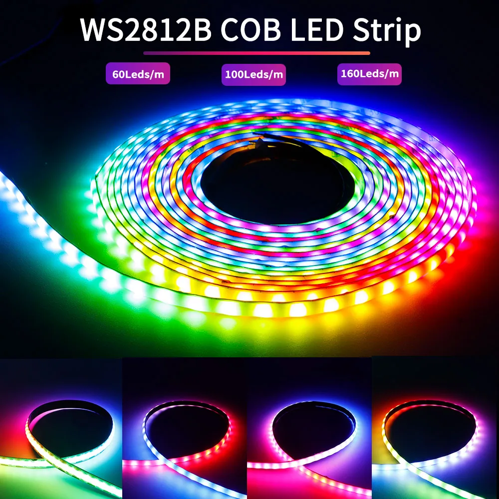 Светодиодная лента WS2812B RGBIC COB WS2812, 5 в постоянного тока, индивидуально Адресуемая высокая плотность, 60/100/160 светодиодов/м, умный цвет мечты, монолитный блок светодиодов
