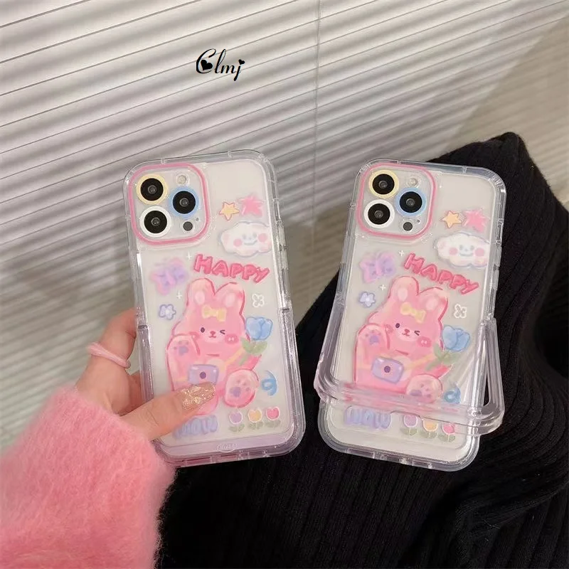 Clmj Cute Pink Rabbit Phone Case For iPhone 11 12 13 Pro Max 14 Plus Soft Silicone Protective Cover With Invisible Stand Holder