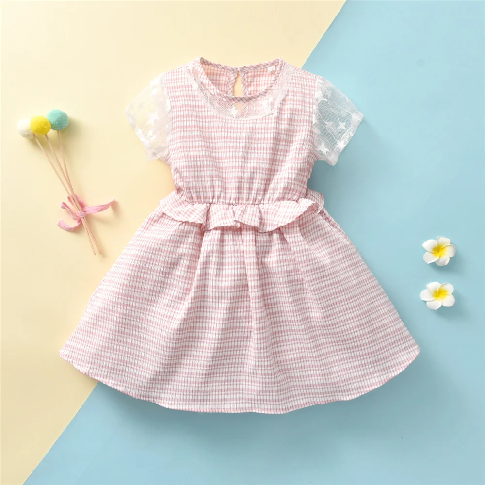 

Kid Girl Lace High Waist Short Sleeve Dress Toddler Kids Plaid Print Round Neck Ruffle A-Line Dress 1-6 Years
