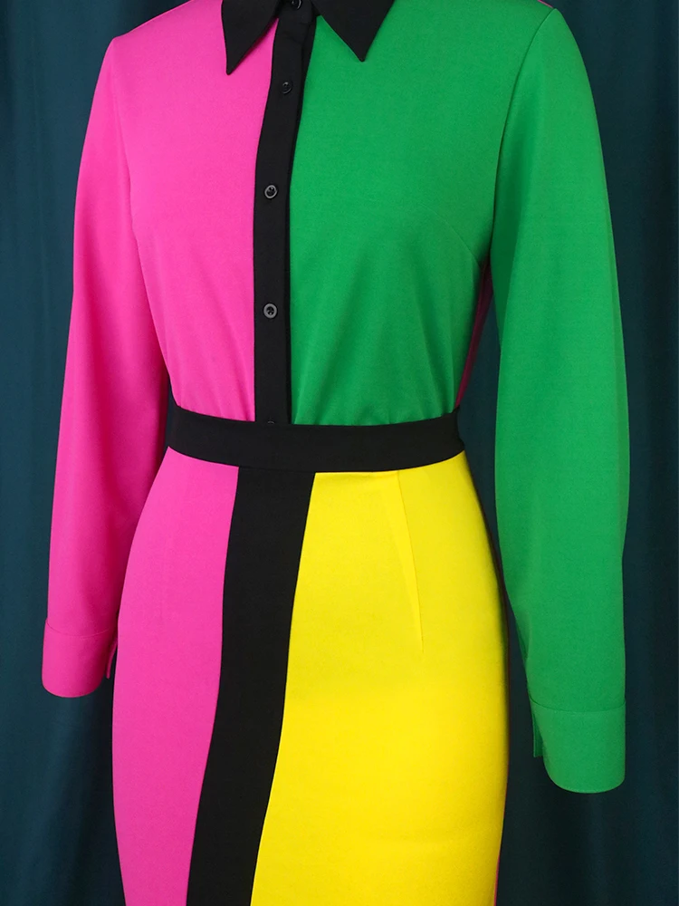 Plus Size Shirt Dress Color Block Patchwork Long Sleeves Elegant Robes Slim Autumn Fashion Office Ladies Classy Colorful Vestido
