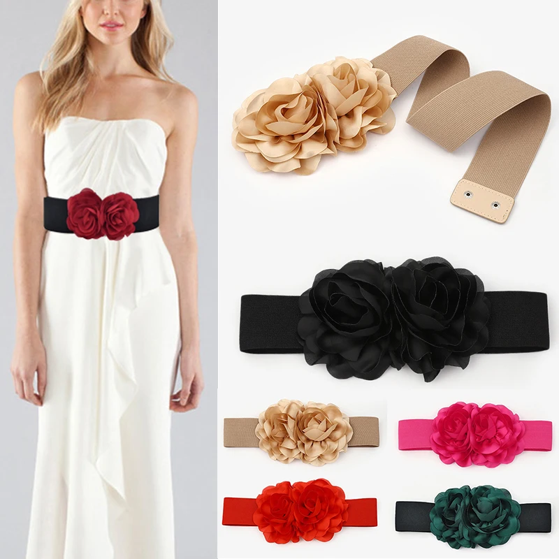 

Big Rose Flower Elastic Belt Solid Color Stretch Wide Corset Metal Button Waist Belts Waistband Fashion Dress Decorative Corsets