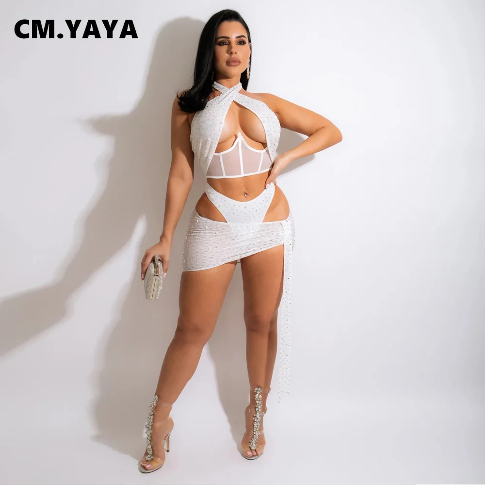 Соблазнительный женский сетчатый комплект из 3 предметов CM.YAYA с кристаллами и