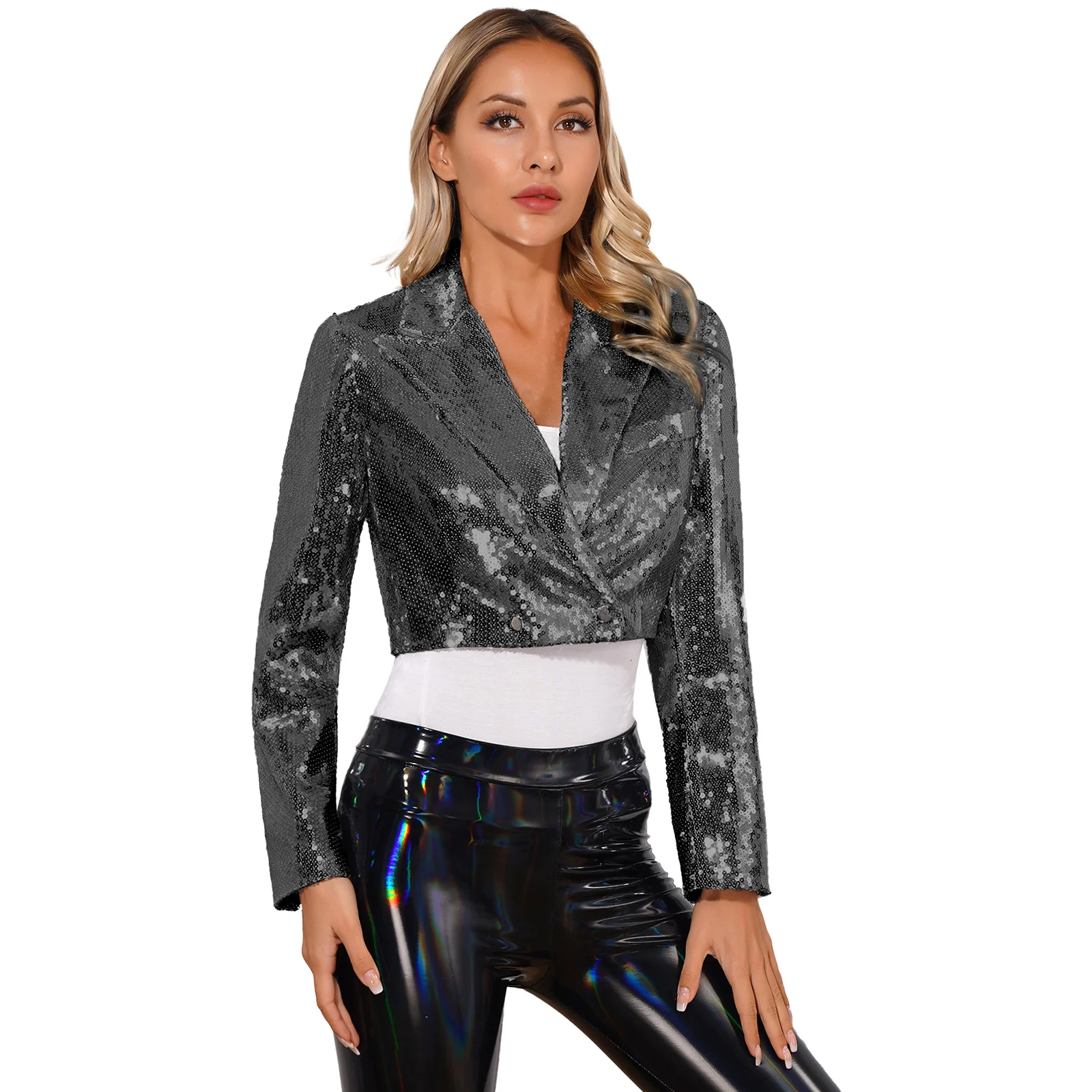 

Womens Sparkly Sequin Blazer Peaked Lapel Long Sleeve Fully Lined Crop Outercoat Clubwear Dancing Crop Jacket