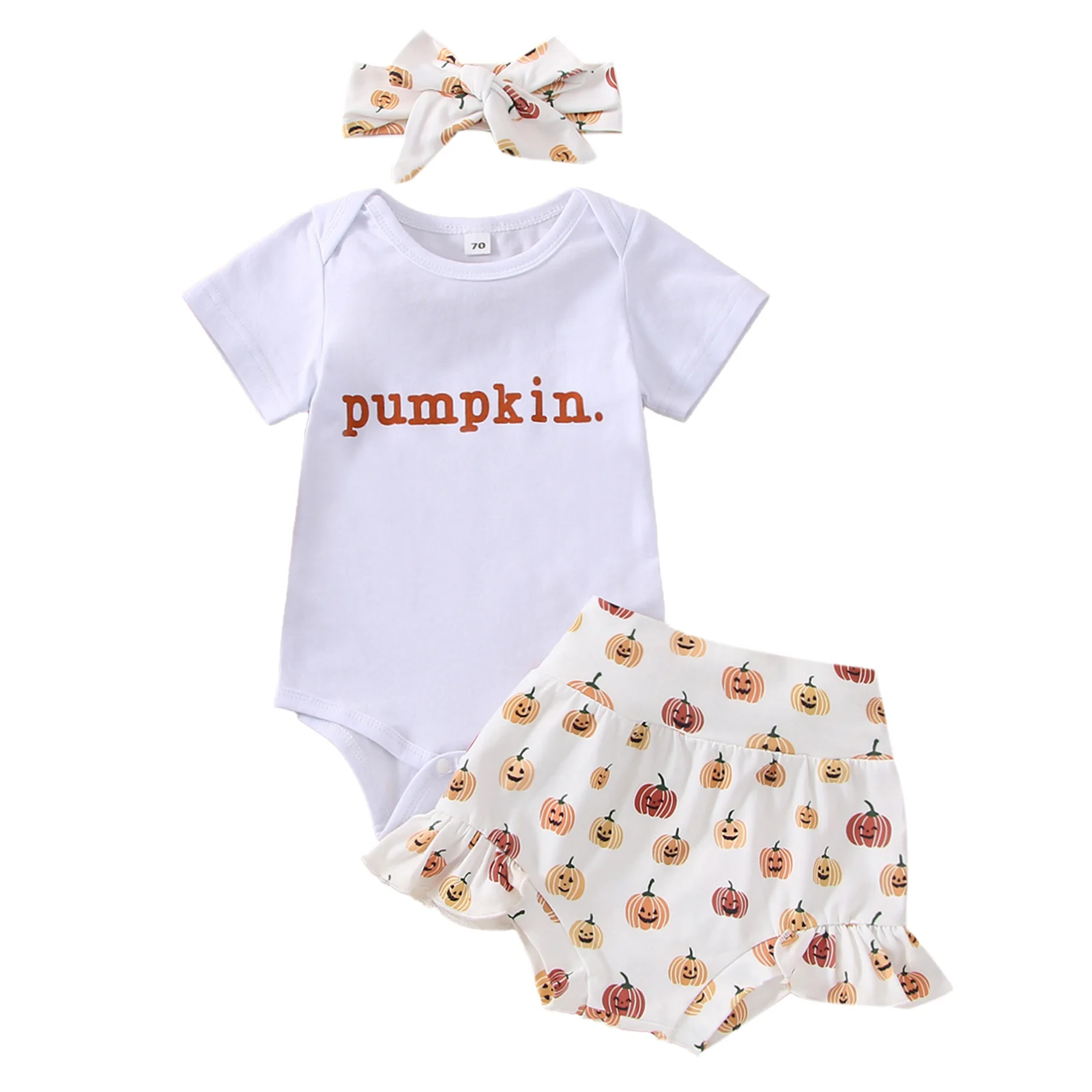 

Baby Halloween Outfit Girl Pumpkin Romper Shirt Ruffle Bummies Newborn Cute Clothes and Headband