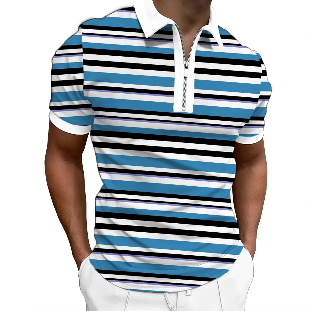 

Рубашка-поло мужская с принтом в полоску, Повседневная дышащая футболка с молнией и короткими рукавами, свободная Спортивная, лето 2022