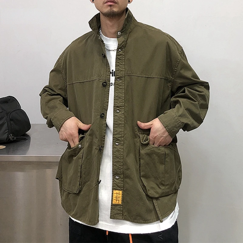 Fashion Hip Hop Letter Print Army Green Shirt Men Clothing Japanese Harajuku High Quality Coat Streetwear Oversized Top