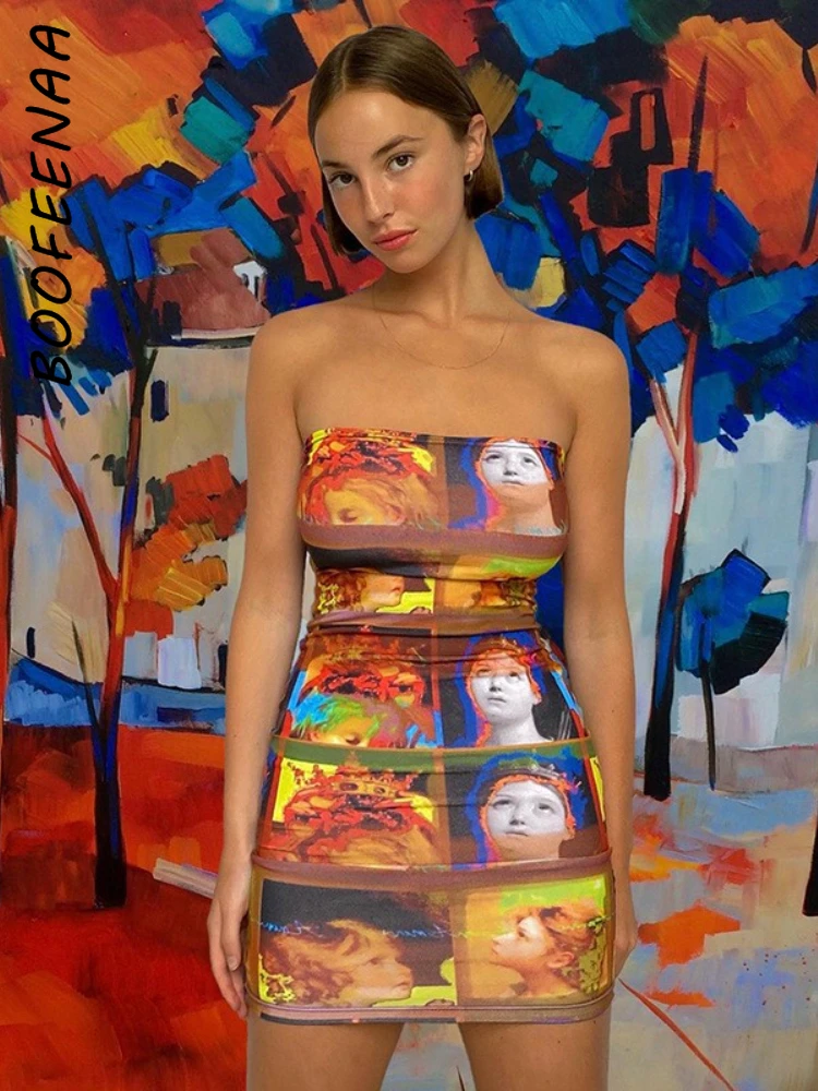 

BOOFEENAA Aesthetic Y2k Bodycon Dress Club Wear for Women 2022 Summer Clothes Fashion Sexy Tube Top Mini Dresses C85-BZ12