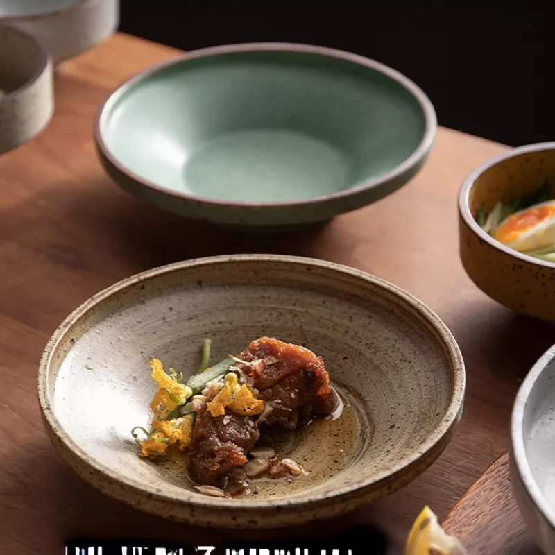 

Stoneware plate soup plate large dessert fruit salad plate creative speciality pasta plate Japanese retro tableware