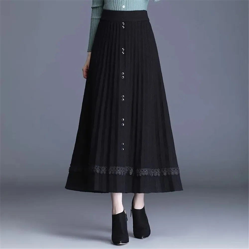 

Lace Embroidered Panel Ruffles Black Sweater Long Skirts Office Ladies Elegant Button Knitted Pleated Skirts Women Korean Black