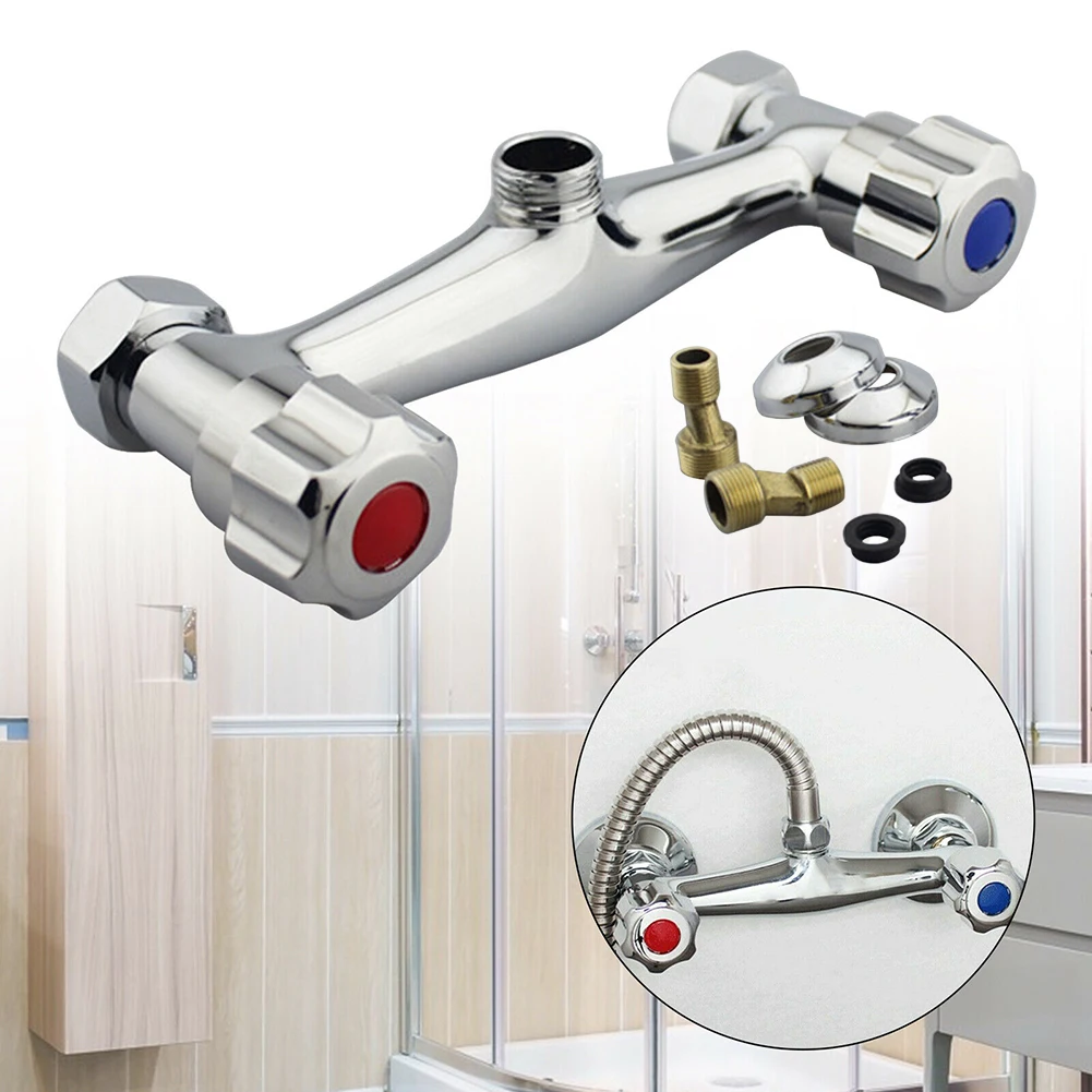 

Bathroom Shower Sink Mixer Tap Bar Brass Valve Twin Outlet 1/2\" Chrome Double Handle Wall Mounted Basin Faucet Bathroom Fitting