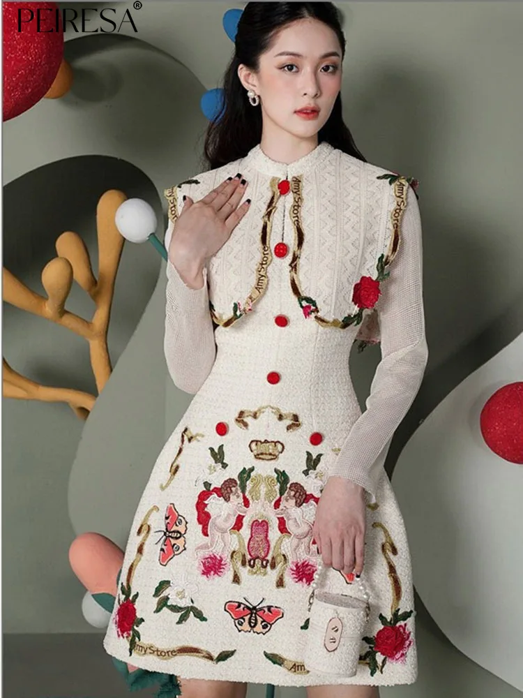 

PEIRESA High Quality Embroidery Lace Evening Dress Women 2023 Autumn New Lapel Long Sleeve Slim Waist Party Short Dresses Robe