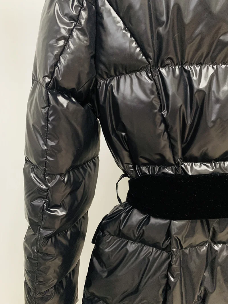White Dark Down Parkas Women Fashion Tie Belt Coats Gold Lion Buttons Female Elegant Solid Glossy Slim Long Jackets Winter Warm