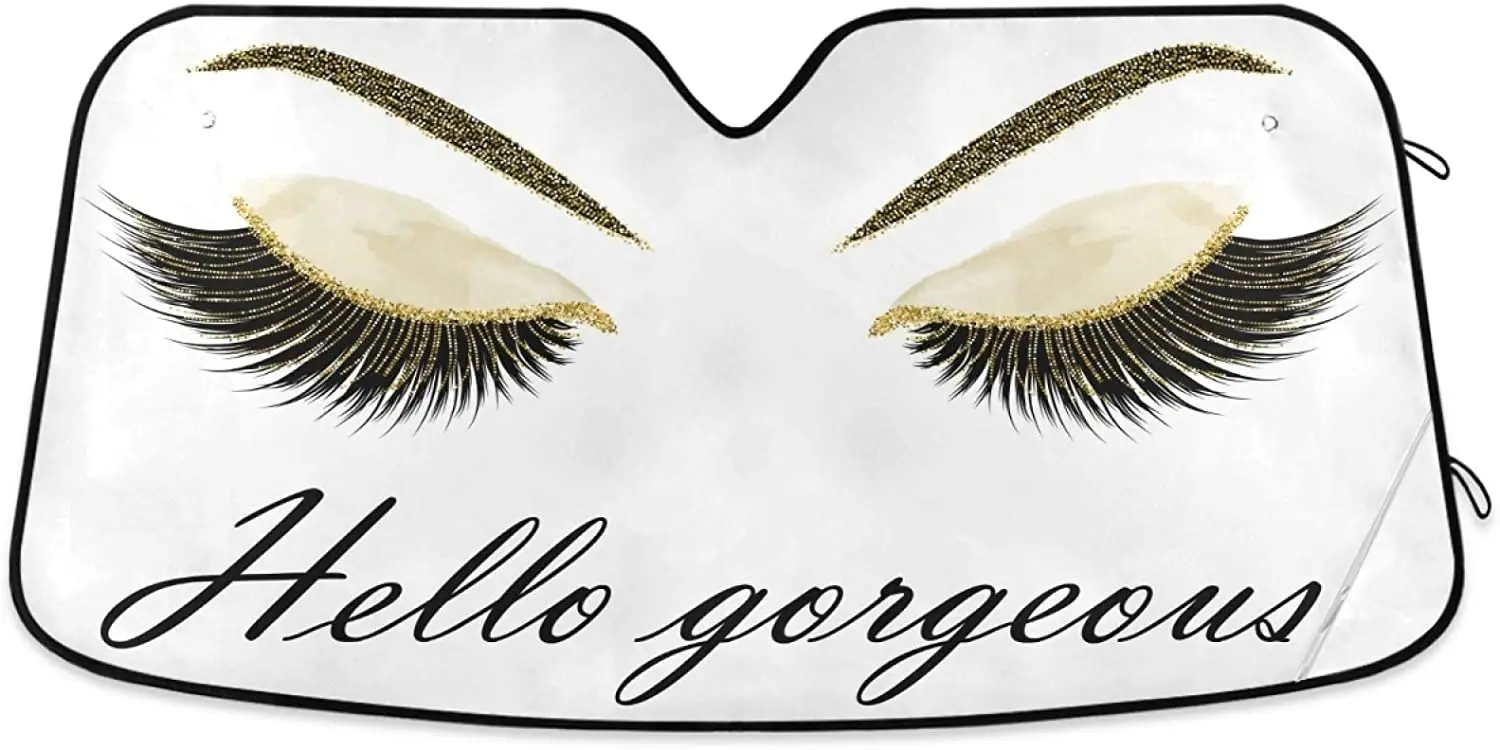 

Oarencol Women Eyes Hello Gorgeous Eyelash Golden Makeup Car Windshield Sun Shade Foldable UV Ray Sun Visor Protector Sunshade t