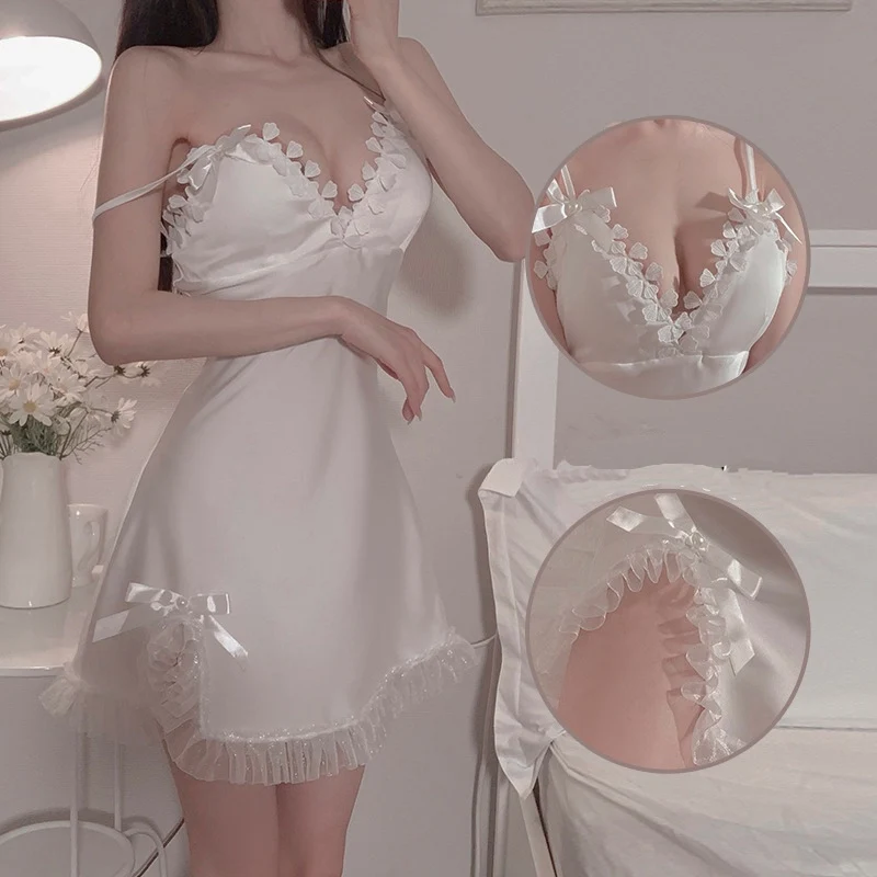 

Lace Sexy Sleepwear Floral Trim Bowknot Design Deep V High Split Halter Mini Dress Spaghetti Nightdress Lenceria Sensual Mujer