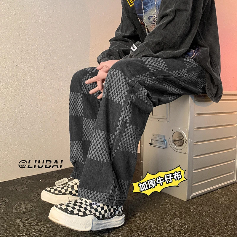 Blue Black Baggy Jeans Men Fashion Retro Plaid Jeans Men Japanese Streetwear Hip Hop Loose Straight Denim Pants Mens Trousers