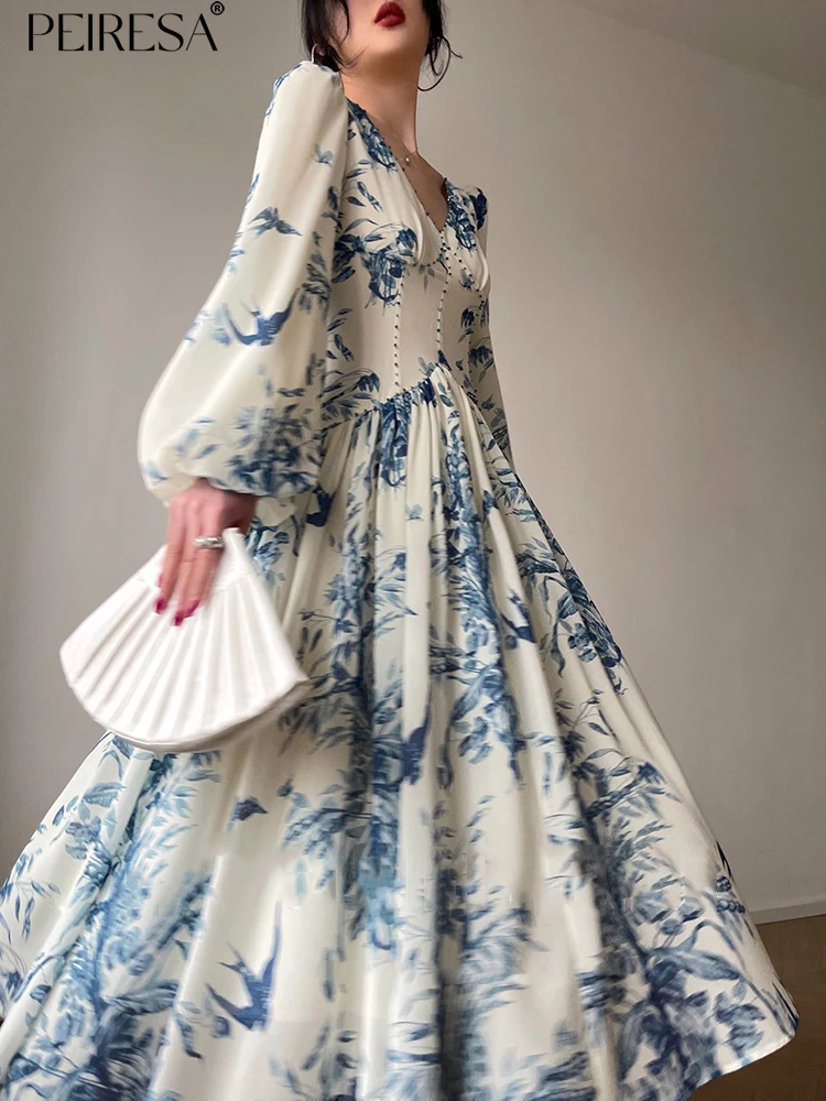 PEIRESA Designer Fashion Printed Beading Party Maxi Dresses For Women 2023 French Elegant V Neck Lantern Sleeve Holiday Dress