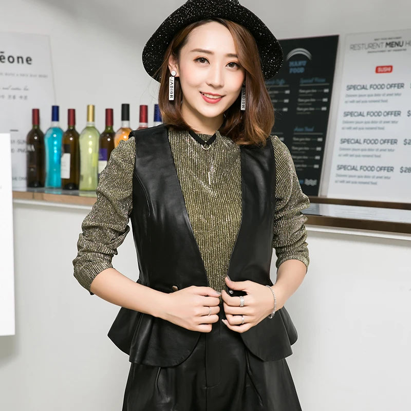 Leather Vest Waistcoat Women's Spring Autumn Short Sheepskin Tops Genuine Slim Sleeveless Vest Women's Small Outer Wear