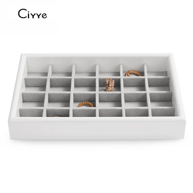 

Ciyye 24 Compartments White Flocking High-gloss Lacquer Round-edged Right-angle Jewelry Tray Flocking