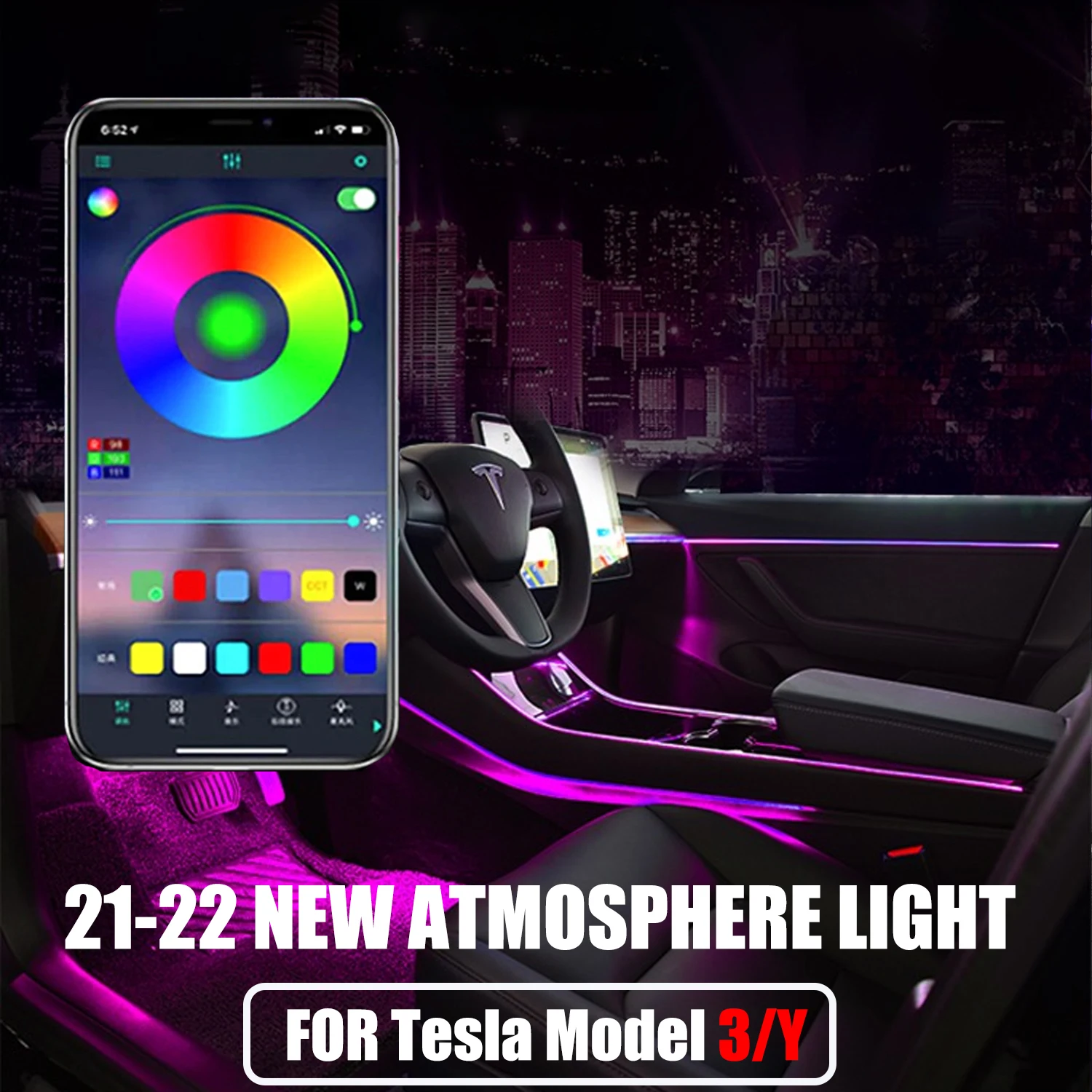 

2021 2022 Tesla Model 3/Y Interior Car Neon Lights Center Console Dashboard Light Ambient Lighting APP Control LED Strip Lights