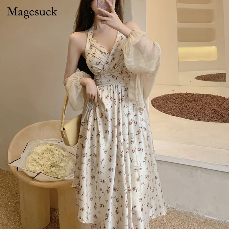 

2022 Summer New French Halter Floral Dress Temperament High Waist Dress for Women Sweet V-neck Fairy Wedding Dress Vestido 20840