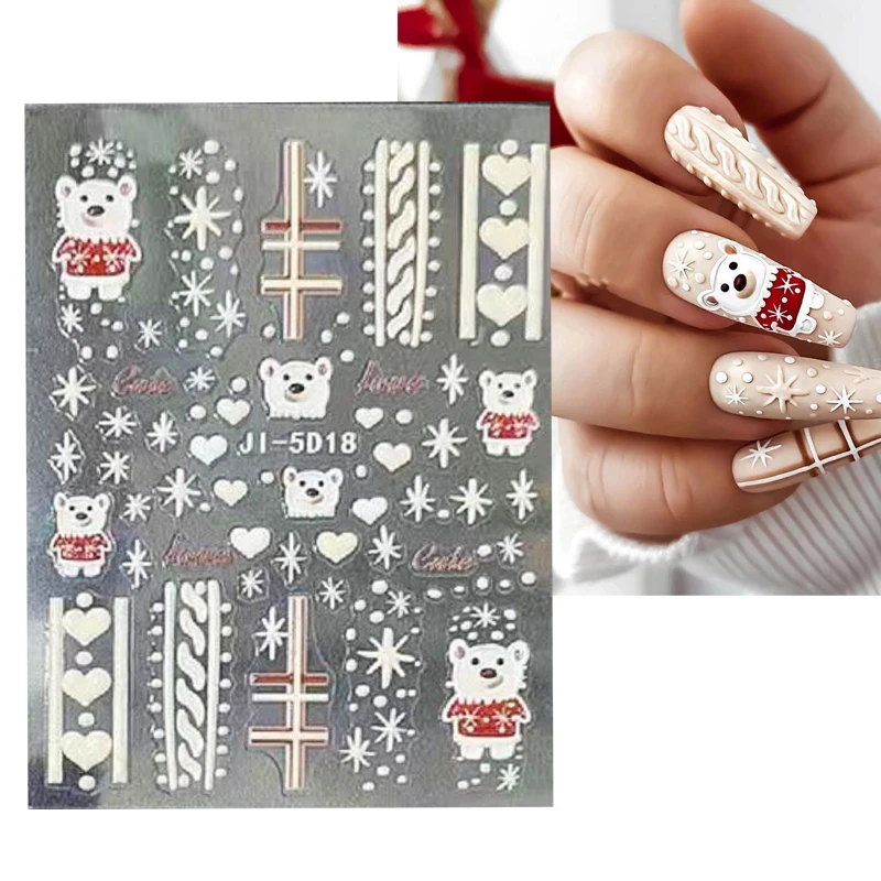 

5D Christmas Cute Sweaters Bears Nails Stickers Embossed Snowflake Acrylic Flower Winter Decals Nail Art Decoration Manicure &17