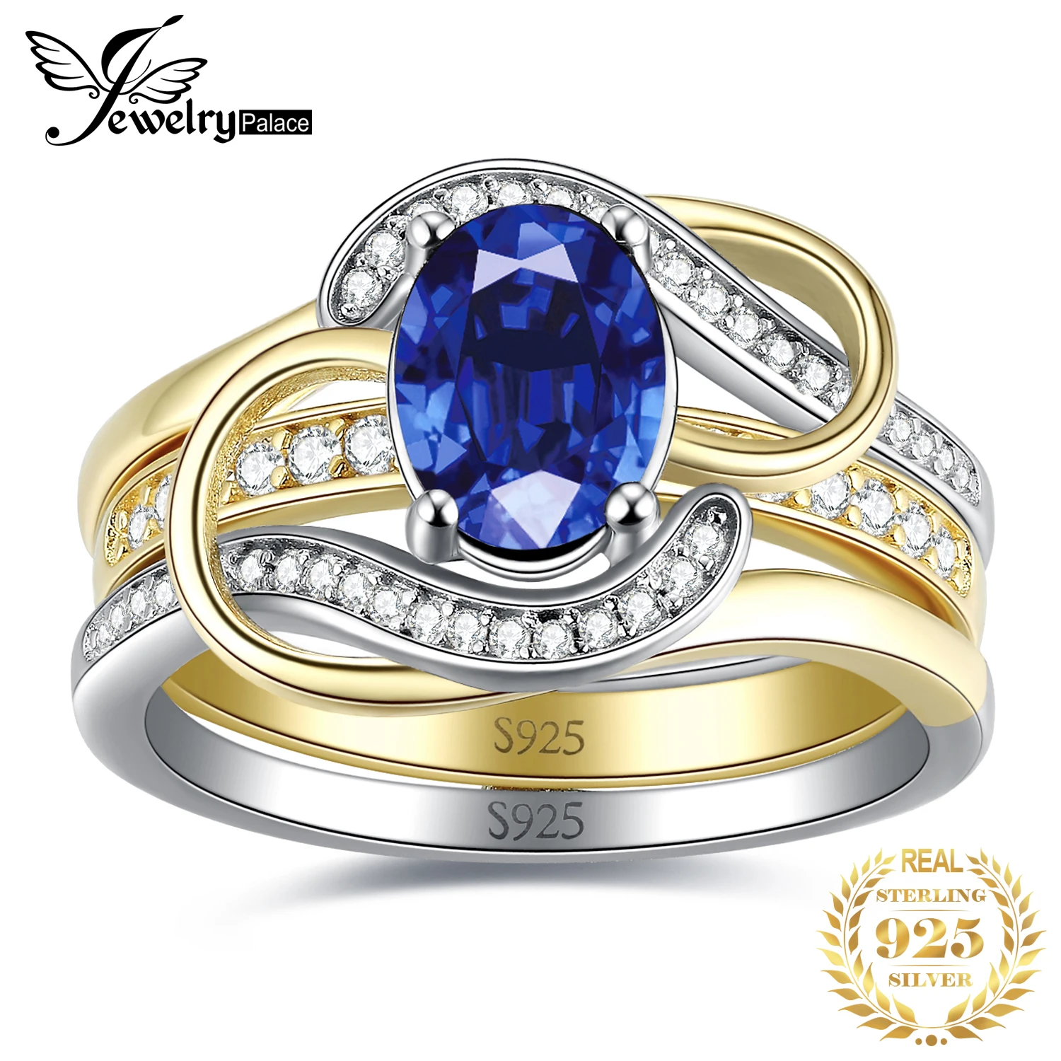 

JewelryPalace New 2Pcs 925 Sterling Silver Wedding Engagement Ring for Woman 2ct Oval Created Blue Sapphire Luxury Bridal Sets