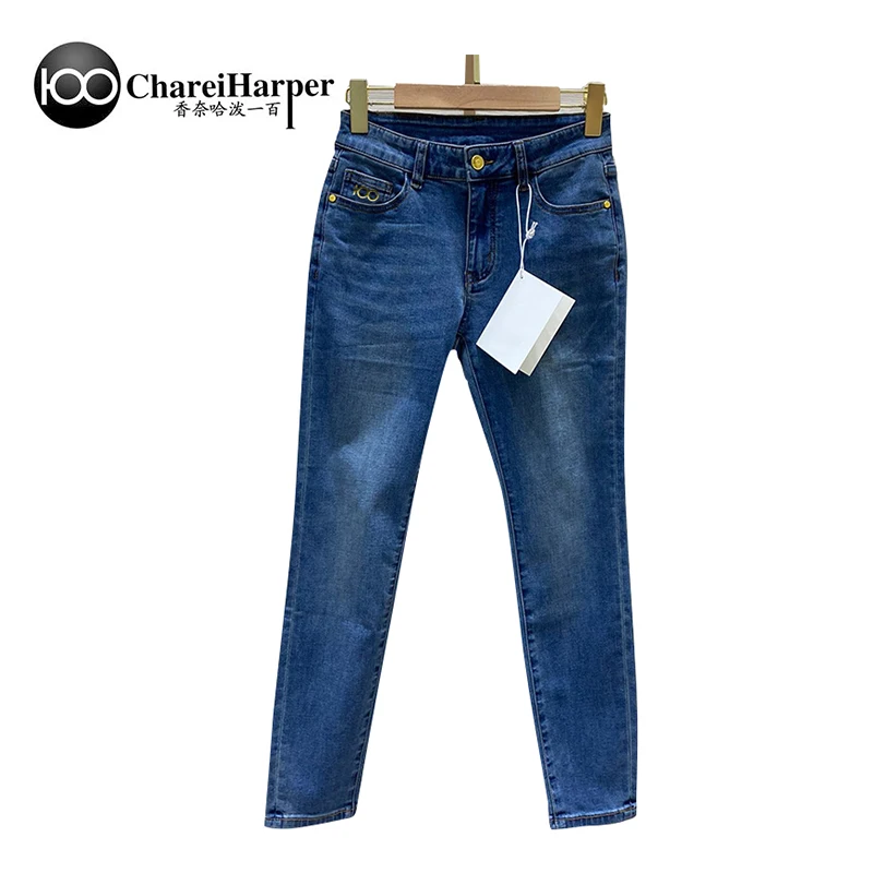 2022new charei100 four season jeans woman strong water wash hole paint dot hip hop casual fit elastic model fashion Women's Jean
