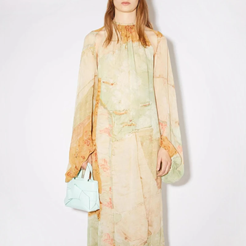 

Ink Printing Women Stitching Midi Dress 2022 new Long Lantern Sleeve O-neck Casual Ladies Robe