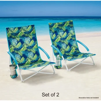 2023 2-Pack Mainstays Folding Low Seat Soft Arm Beach Bag Chair with Carry Bag, Green Palm