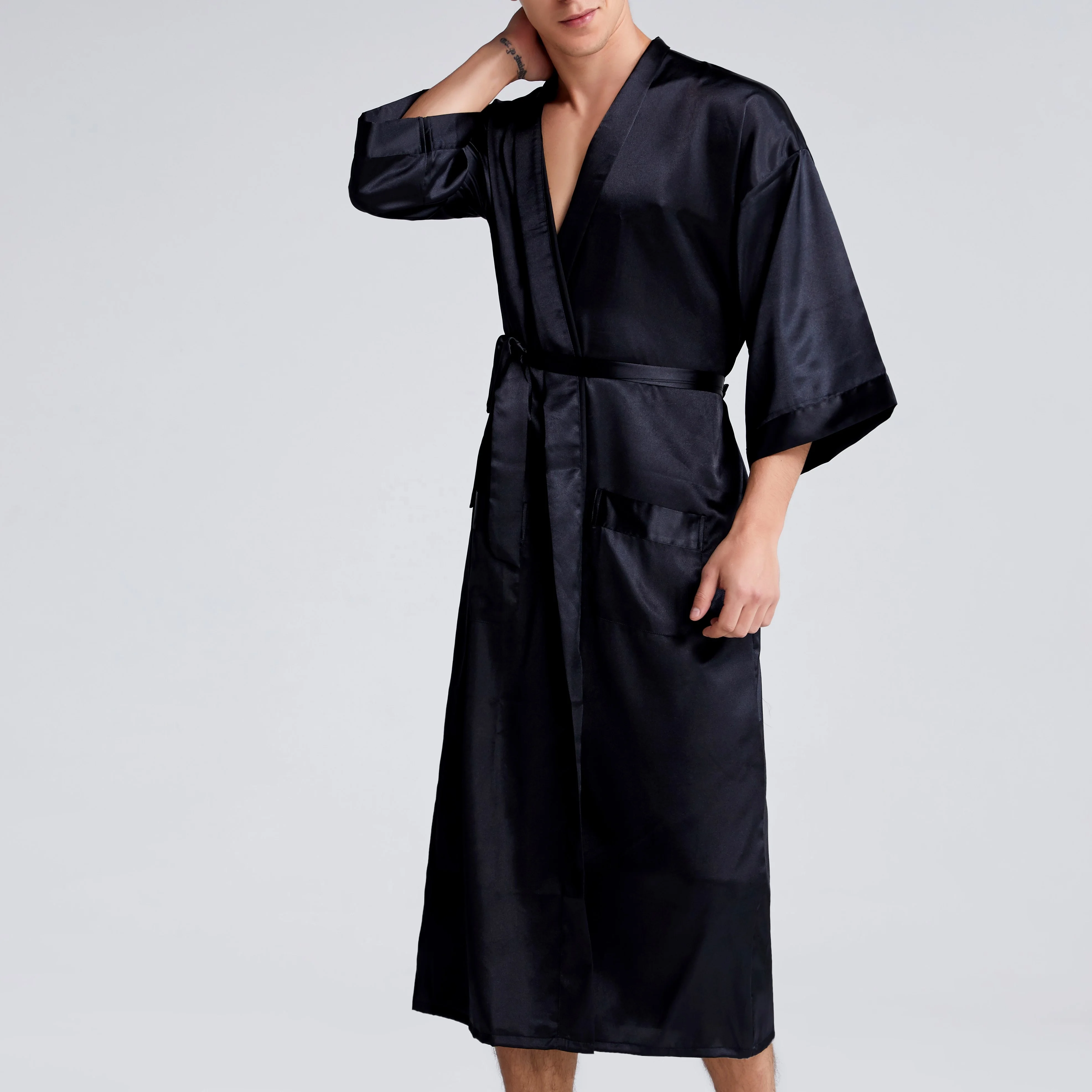 Satin Robe Men Robe with Pants Satin Silk Robe Set Polyester + Spandex Muti Colors Long Robe Bathrobe