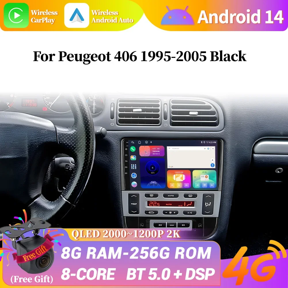 Автомобильное радио Carplay Android 14 для Peugeot 406 1995-2005 черный мультимедийный видеоплеер - Цена: 78982