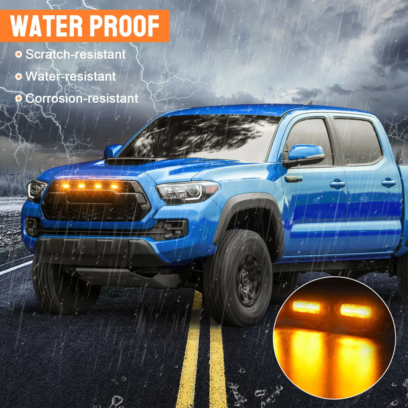 

4pcs For Toyota Tacoma W/TRD Pro 2016-Up Raptor-Style Smoked Lens Amber Front Grille Light LED Hood Lamp Sport Singal Lighting