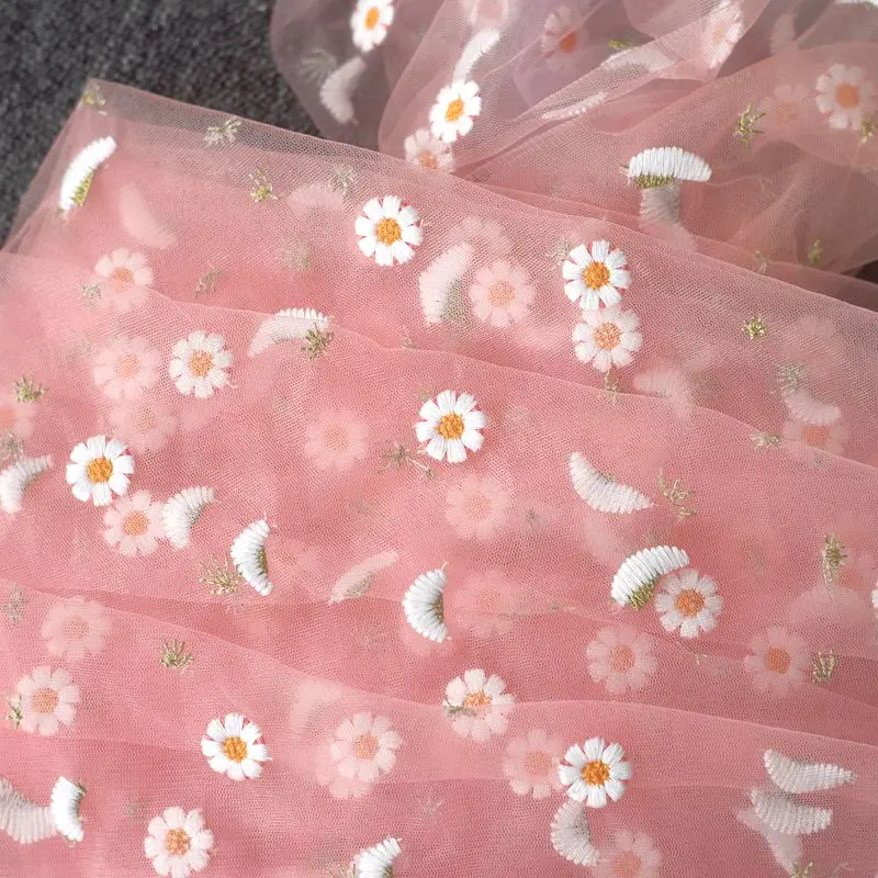 

1Meter Daisy Floral Embroidery Transparent French Net Lace Fabric African Tulle Mesh Lace Fabric High Quality For Clothing Dress