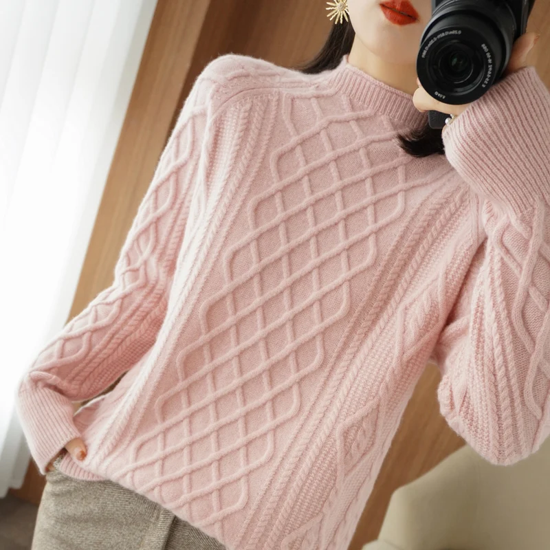 

Autumn Winter 2021 New O-Neck Pullover Thicken Loose Size Women 100% Pure Wool Sweater Coat Solid Color Knitted Jumper Tops
