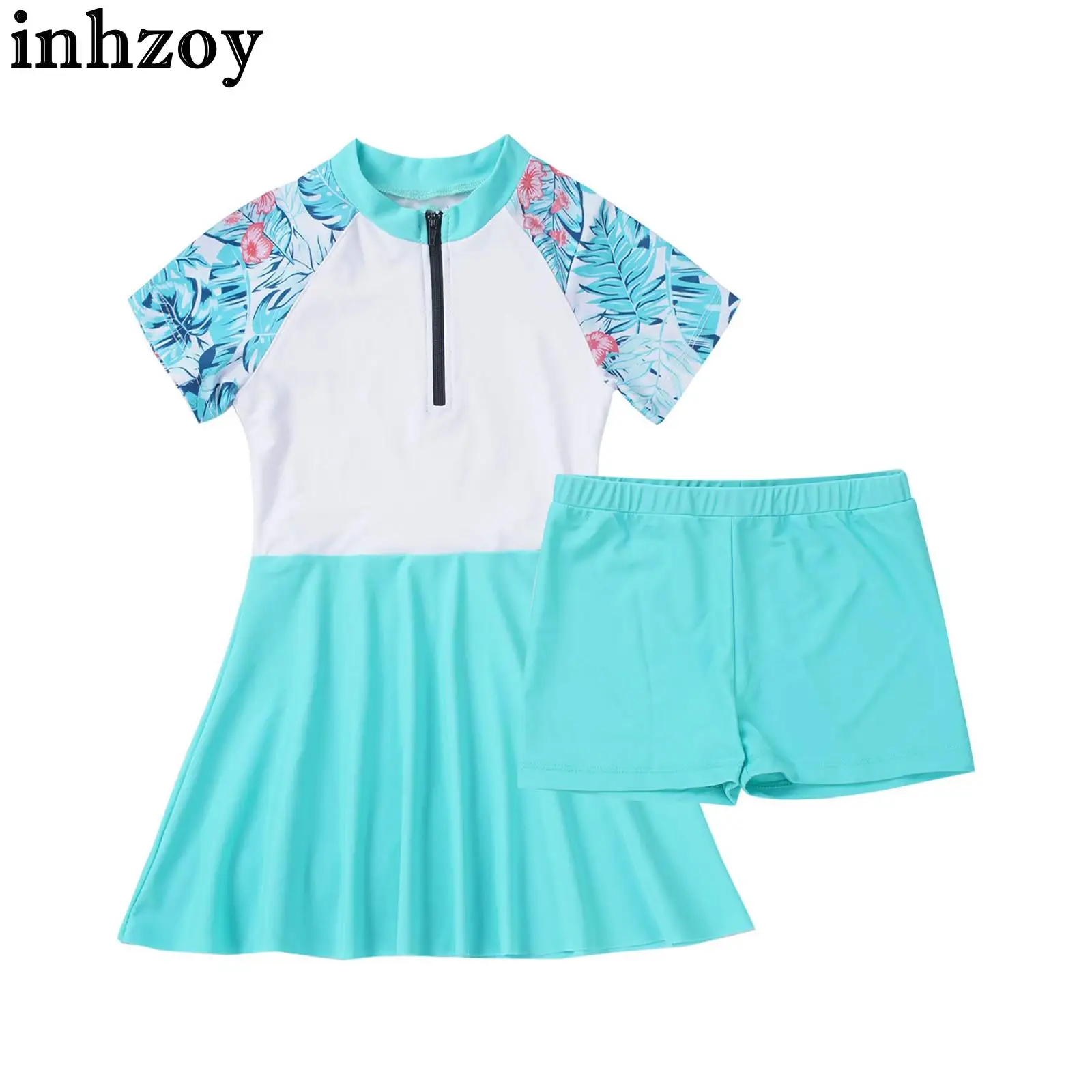 

Kids Girls 2Pcs Rash Guard Swimming Suit Front Zipper Knee Length A-line Dress with Booty Shorts Bathing Suit Swimwear Beachwear