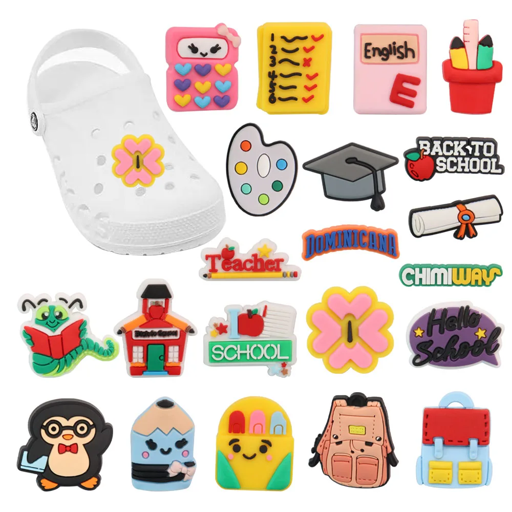 

Микс 50 шт., ПВХ Кроксы Jibz, пряжка, калькулятор, линейка, книжка, сумка, карандаш, морской колпачок, школьный Пингвин, украшение для обуви, украшение