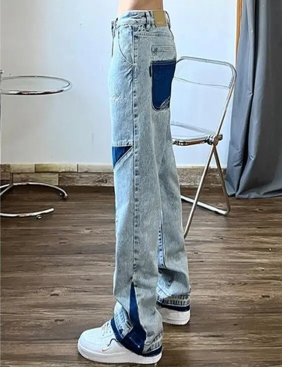 High Street Washed Distressed Jeans Men's American Hip-Hop Pentagram Stitching Loose Straight Hiphop Trousers