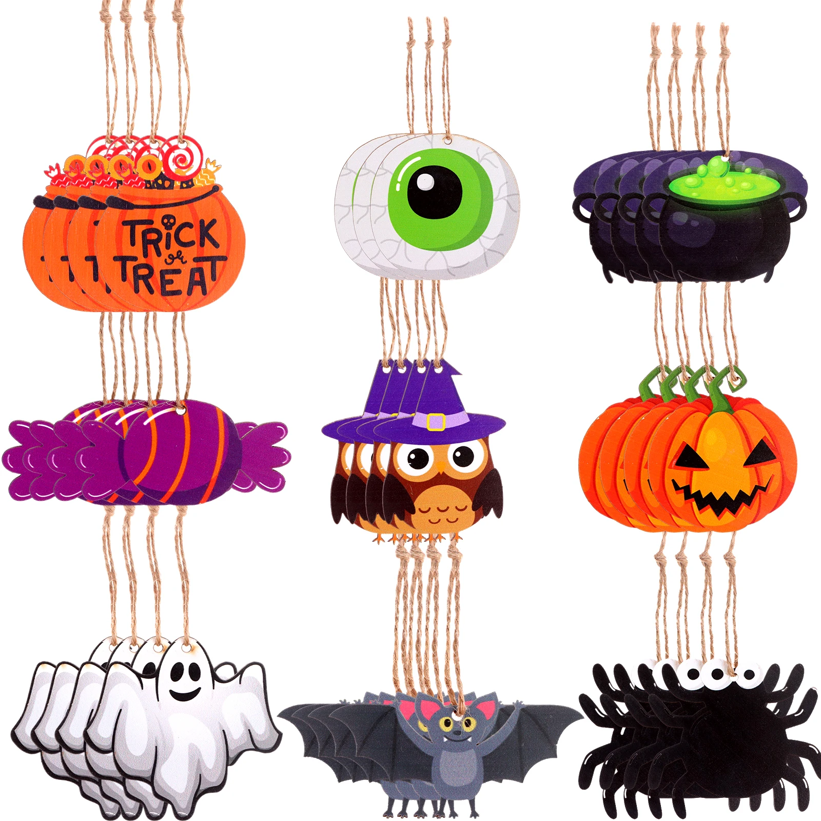 

36 Pcs Halloween Wooden Hanging Ornaments Embellishments Halloween Painted Wood Signs Cutouts Hang Tags with Holes for DIY